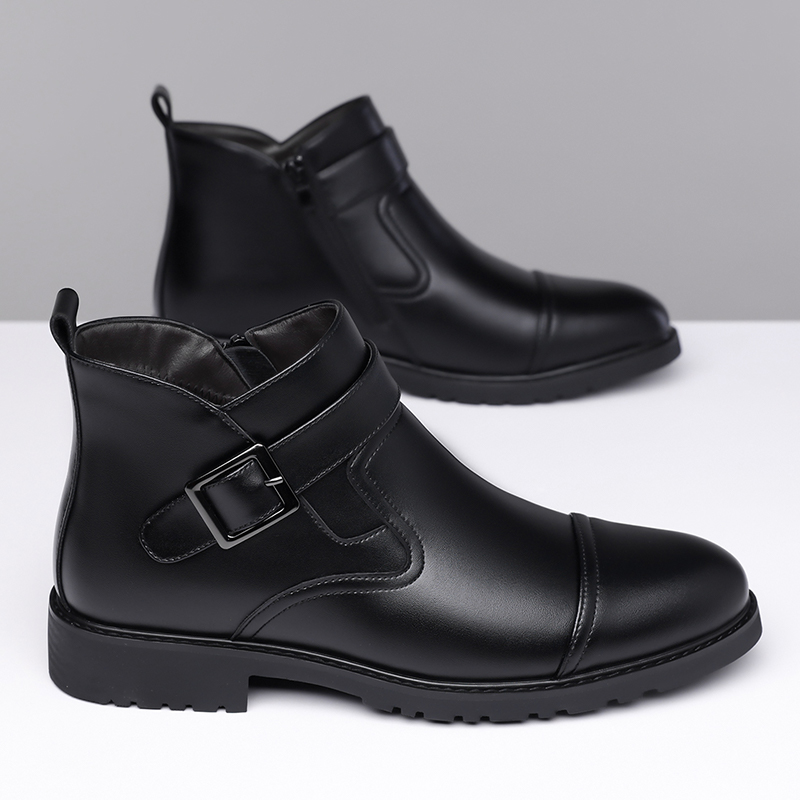 Winter New Mid Top Formal Business Shoes, Casual Leather Short Boots, Side Zipper Design, Waterproof and Windproof Riding Boots
