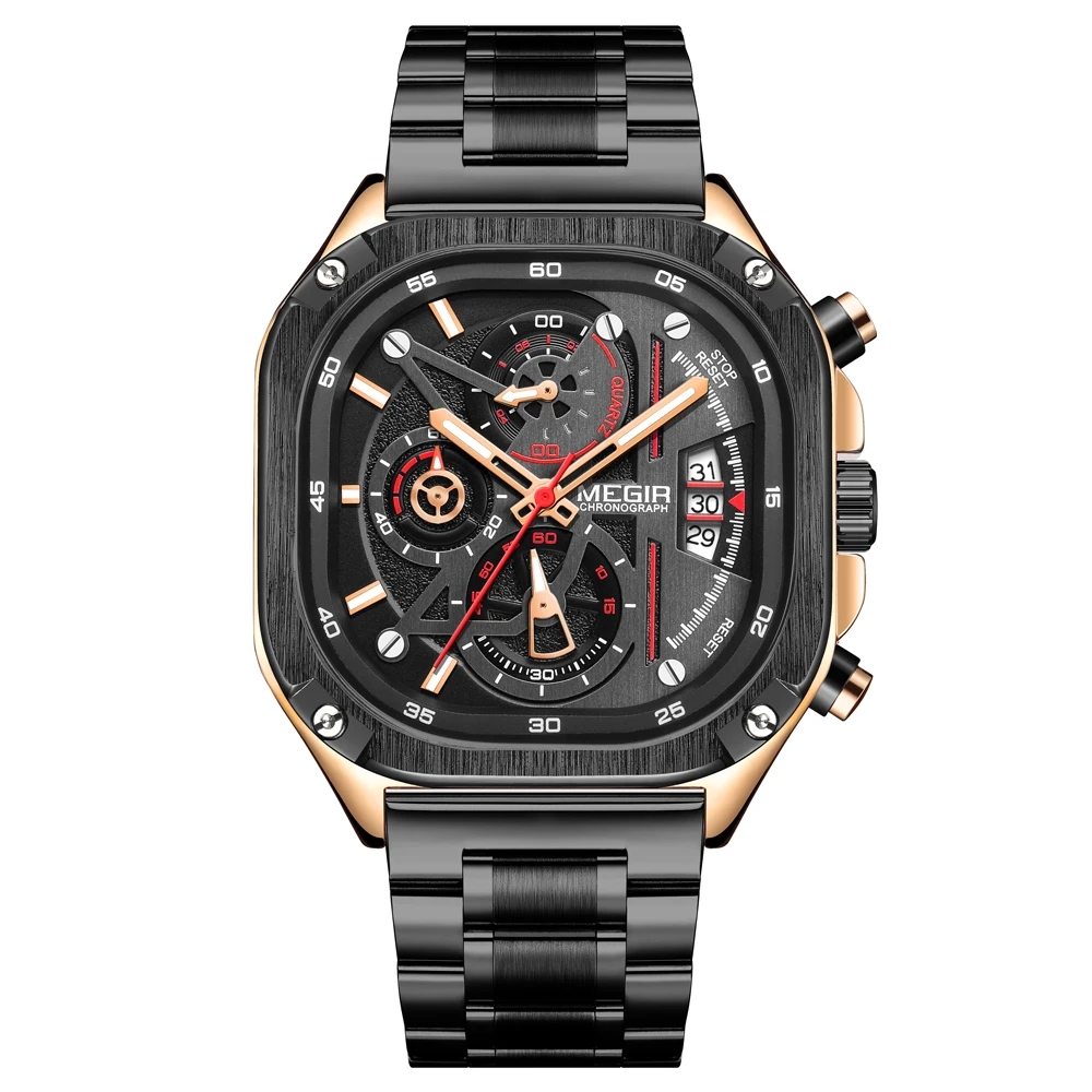 MEGIR Square Dial Chronograph Quartz Watches for Men Fashion Sports Male Wristwatch Stainless Steel Strap with Luminous Hands