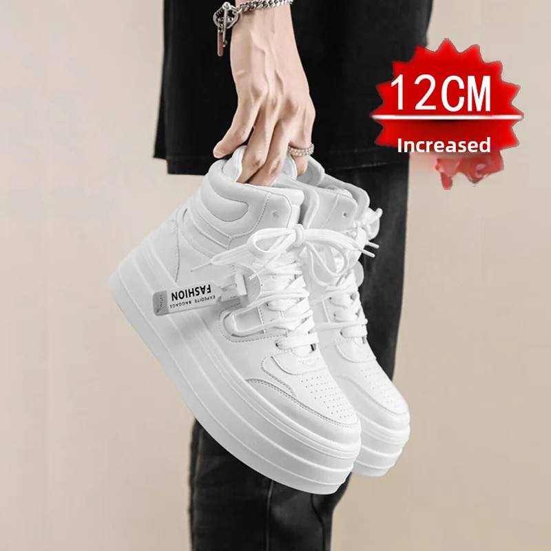 New Autumn/Winter Men's Casual Sneakers 12cm Increased Height 10cm Thick Sole White Shoes High Top Rubber Base Male Footwear