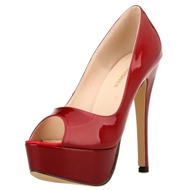 2025 New Women Pumps Sexy Platform Peep Toe 14cm Extremely High Heels Stiletto Patent Leather Party Nighclub Red Wedding Shoes