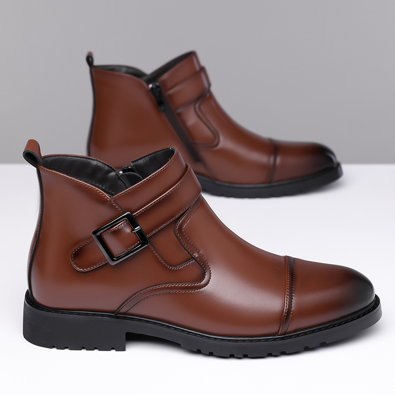 Winter New Mid Top Formal Business Shoes, Casual Leather Short Boots, Side Zipper Design, Waterproof and Windproof Riding Boots