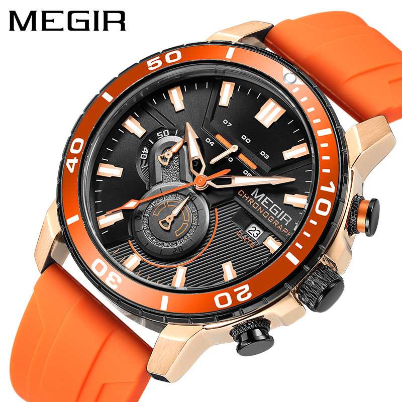 MEGIR 2224 Men's Quartz Watch Sport Fashion Creative Waterproof Silicone Strap Chronograph Night Light Date Watches for Man