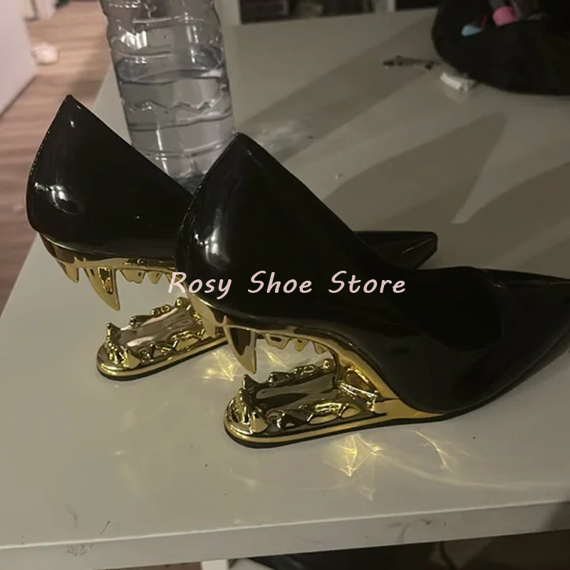 Women's Glossy Patent Leather Strange Style Heel Pumps Pointed Toe Slip On High Heel Street Weird Style Catwalk Shoes