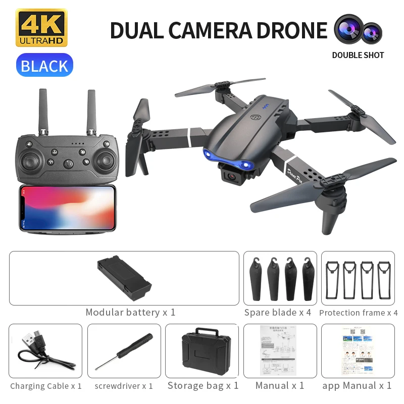 Mini Foldable RC Quadcopter E99 K3 Pro - Dual Camera Aerial Drone with 4K HD, Hold Mode & LED Lights | WIFI Remote Control Toy
