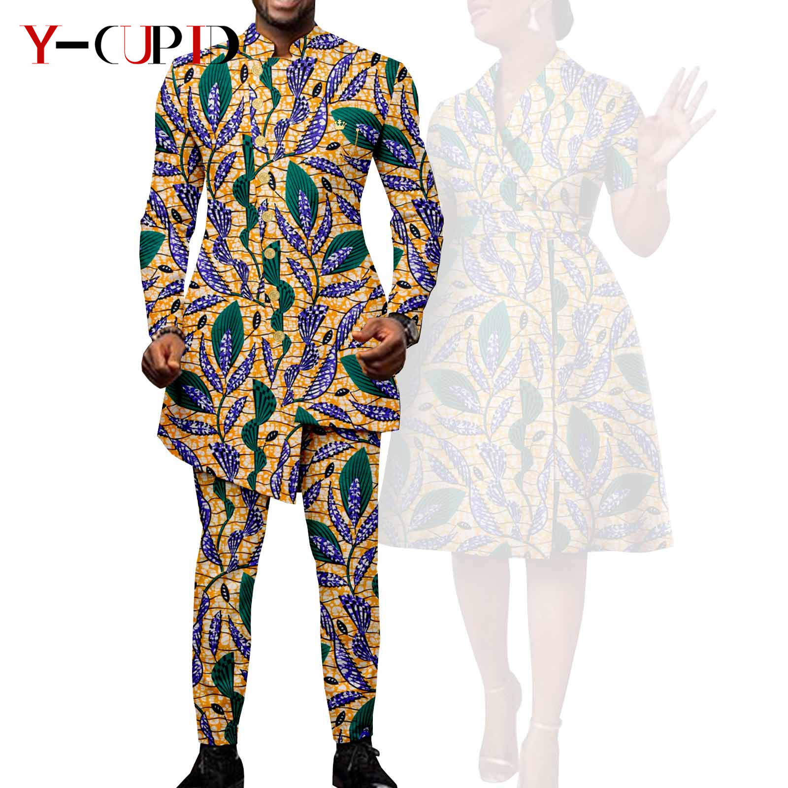 African Suits for Men Single Breasted Fit Jackets Matching Couple Outfits Bazin Riche Dashiki Print Dresses Trench Coats Y23C007