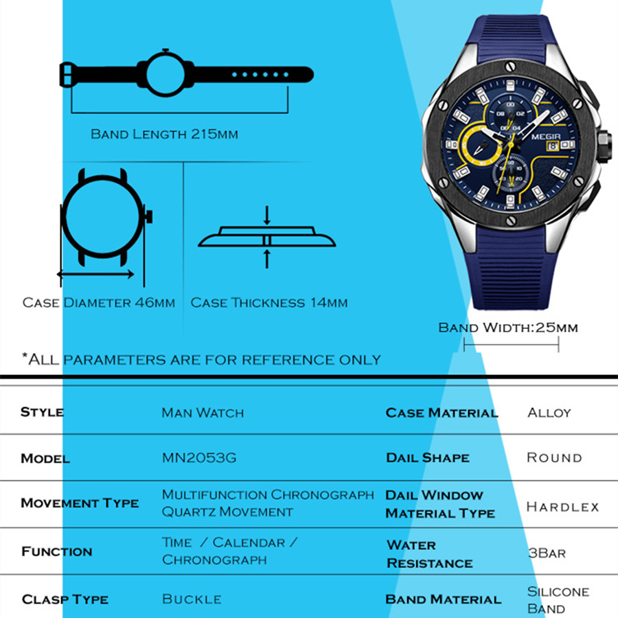 MEGIR Top Fashion Quartz Military Sport Watches for Men Silicone Strap Chronograph Big Dial Wristwatch Clock Relogios Masculino