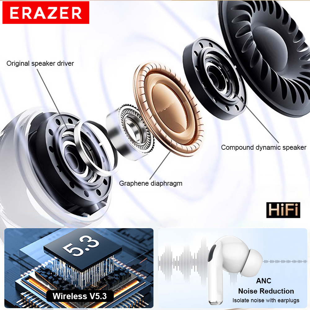 ERAZER Original Wireless Bluetooth Earphones HiFi Headphones HD Stereo Waterproof Earbuds Touch Screen With ANC Noise Reduction