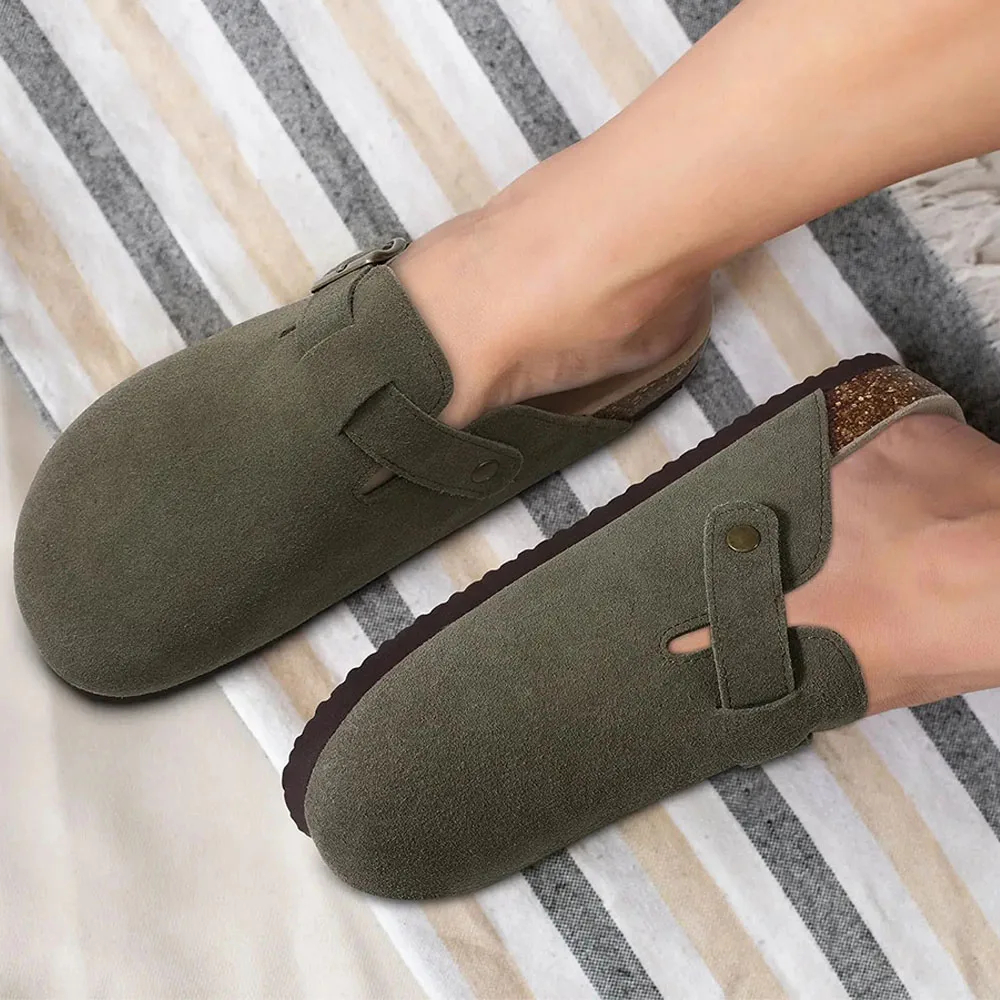 Crestar Women Genuine Suede Clogs Fashion Cow Leather Slippers New Color Soft Cork Footbed Mules Potato Shoes with Arch Support