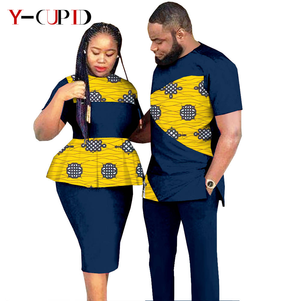 African Clothes for Couples Dashiki Women Patchwork Print Dresses Matching Men Outfit Top and Pants Sets Love Party Wear S20C010