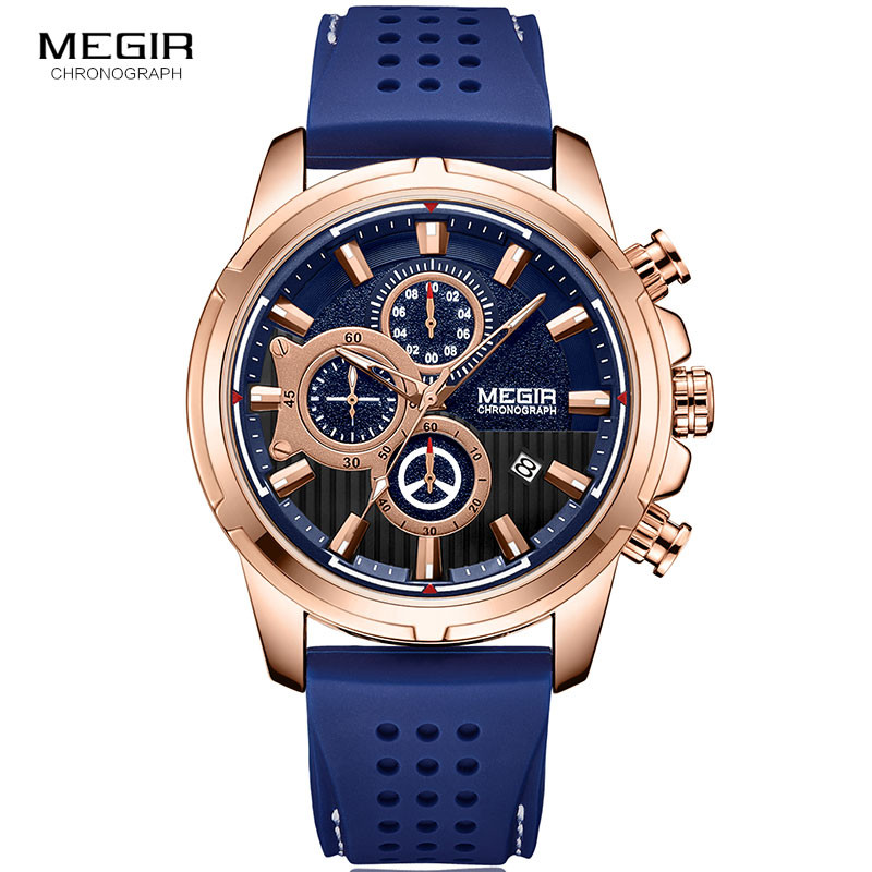 MEGIR Quartz Watches Men Silicone Strap Chronograph Wristwatch Man Relogios Masculinos Top Brand Luxury Clock Boy 2101 ROSE BLUE