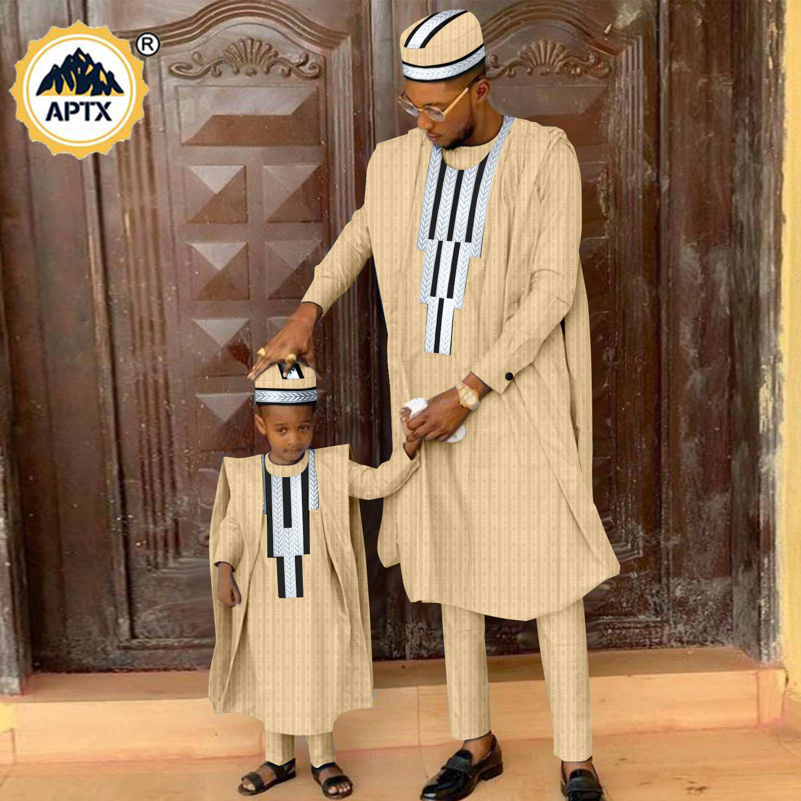 African Matching Outfit for Family Bazin Riche Muslim Sets Dashiki Father and Son Attire Agbada Robe Shirt and Pants Hat Y23F001