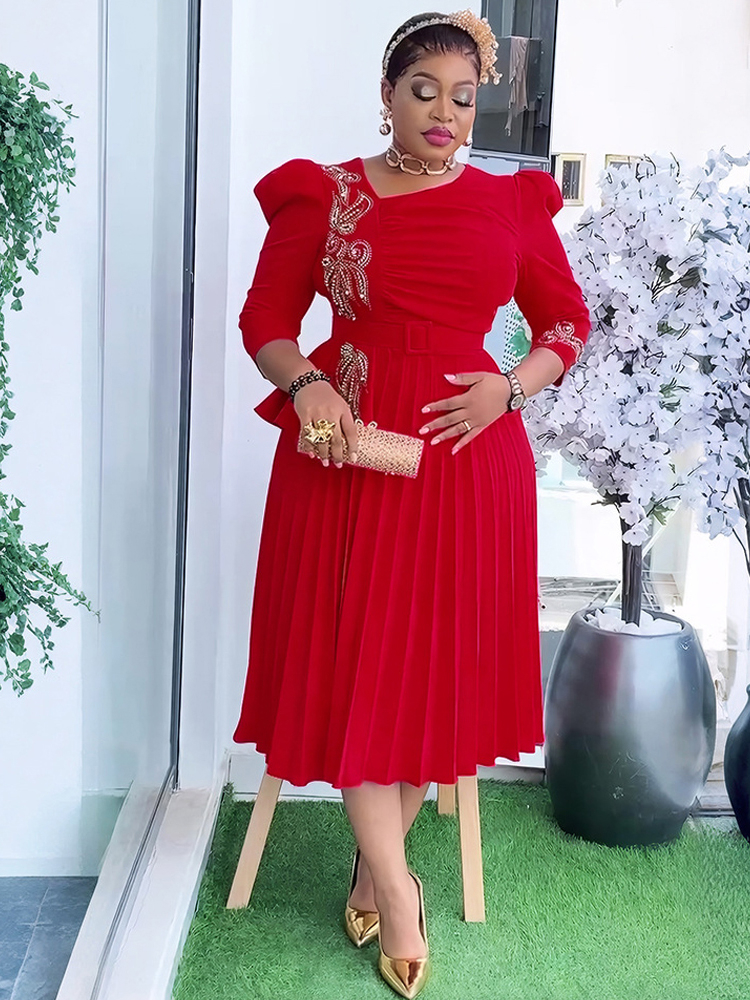 African Party Evening Dresses For Women Dashiki Pleated Maxi Robe Elegant Office Ladies Overalls 2025 Turkey Africa Clothing