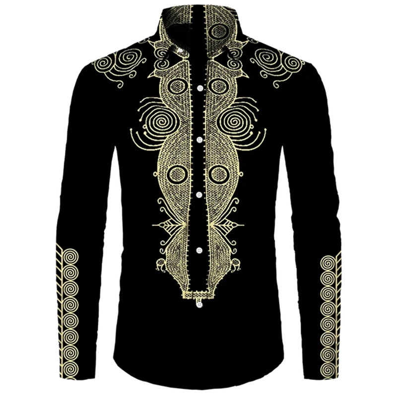 Colorful African Pattern Hawaiian Shirts For Men Retro Ethnic 3D Printed Blouse Casual Loose Aloha Shirts Long Sleeves Tops