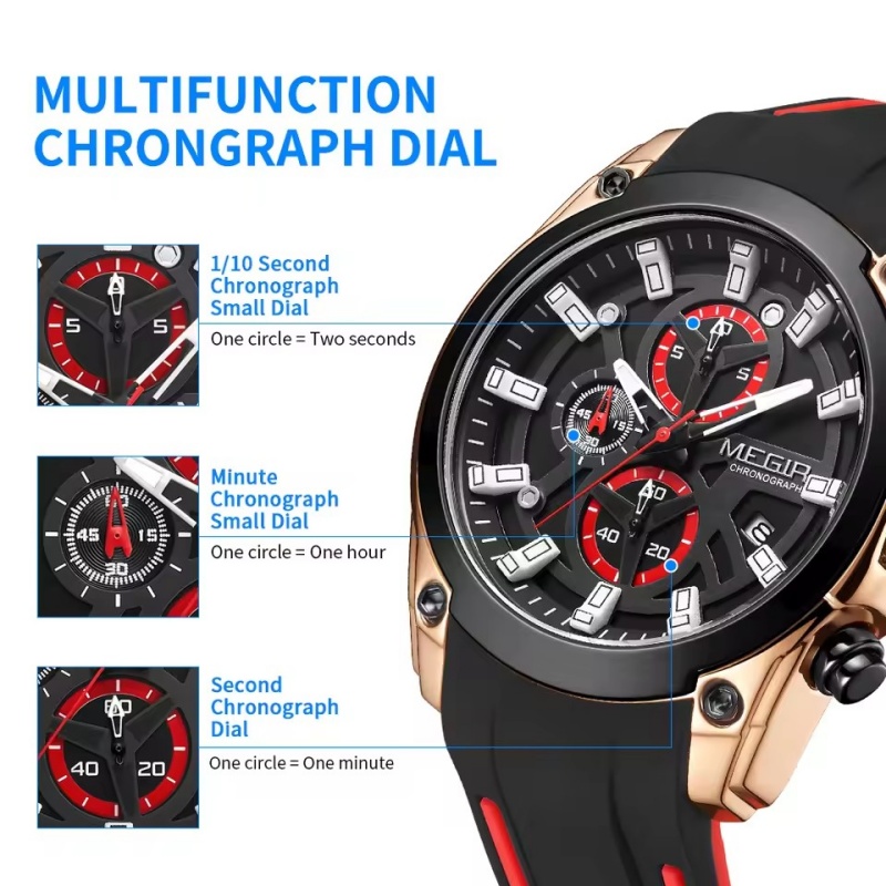 MEGIR 2144 Men's Watch Top Brand Luxury Sports Military Watch Chronograph Night Light Date Silicone Strap Men's Quartz Clock