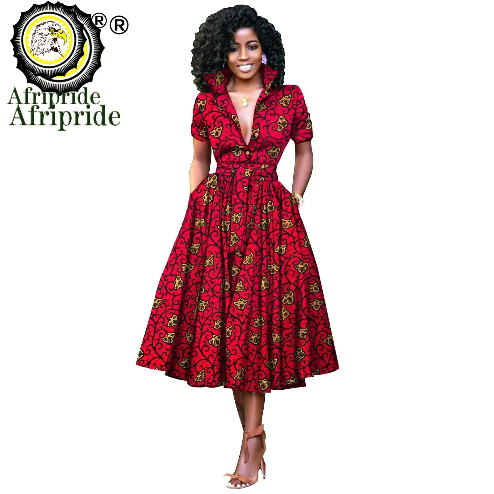 African Dresses for Women Short Sleeve V-neck High Waist Ankara Fabric Print Formal Dress Pure Cotton Bazin Riche Dress S2025072
