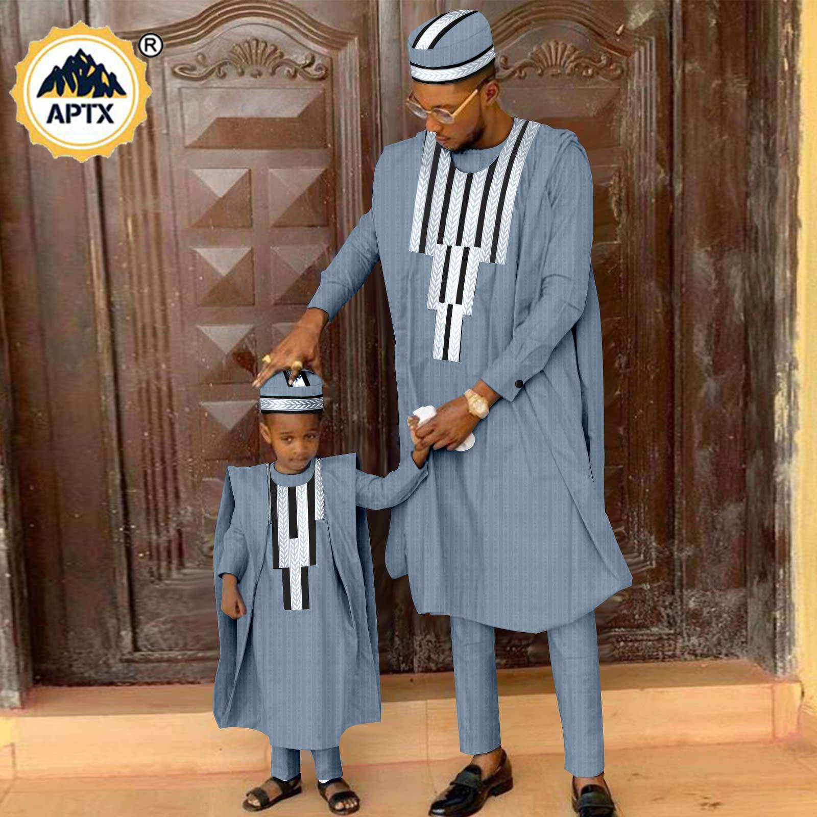 African Matching Outfit for Family Bazin Riche Muslim Sets Dashiki Father and Son Attire Agbada Robe Shirt and Pants Hat Y23F001