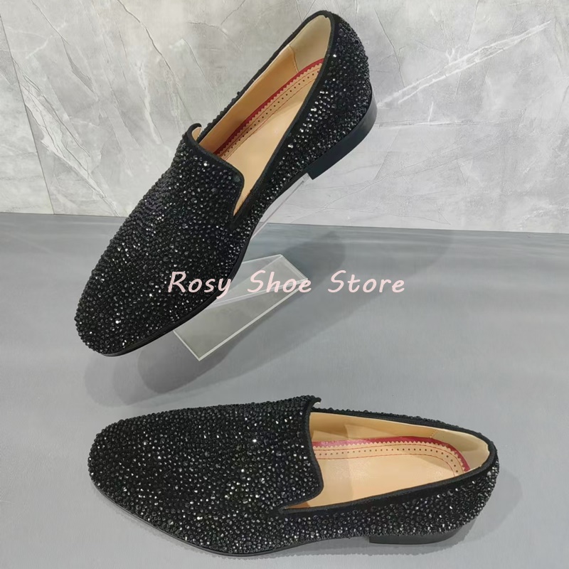 Men's Multicolor Luxury Handmade Diamond Loafers Pointed Toe Leather Rhinestones Slip On Fashion Flat Shoe Versatile Party Shoes