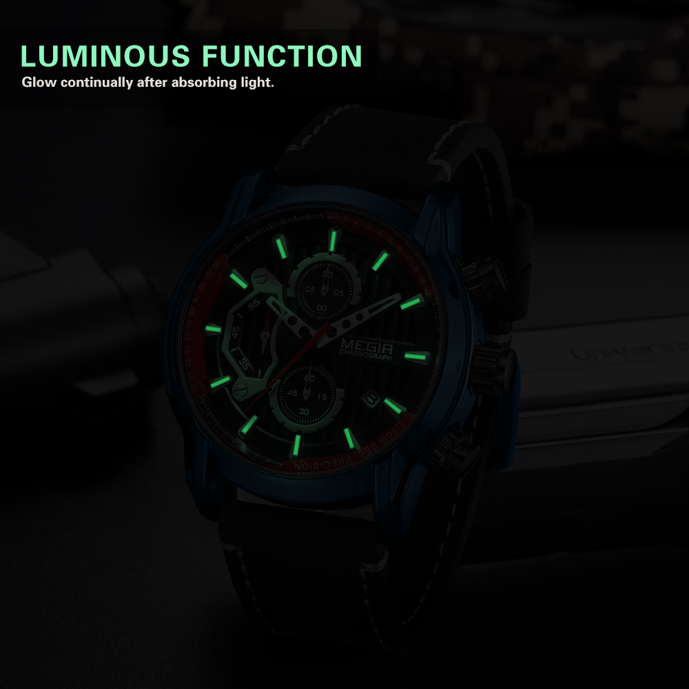 MEGIR Fashion Men's Sports Watches Chronograph Luxury Quartz Clock Leather Casual Wristwatch Army Military Watch Reloj Hombre