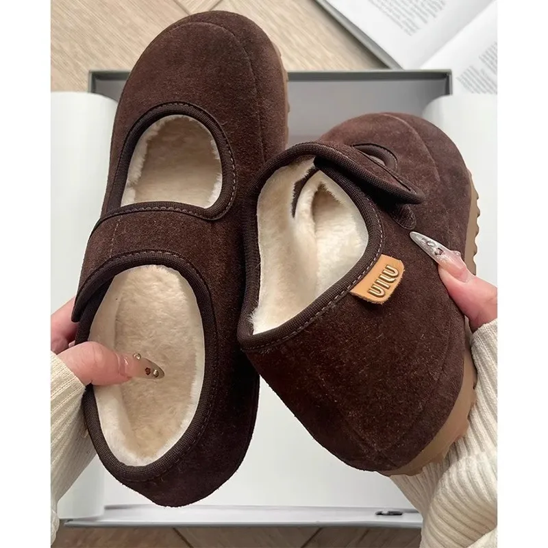 Thick Heel Mary Janes Women's Shoes Fleece Lined Casual Fur Slip-On Autumn Winter Rubber Sole round Toe Commuter Style Shoes