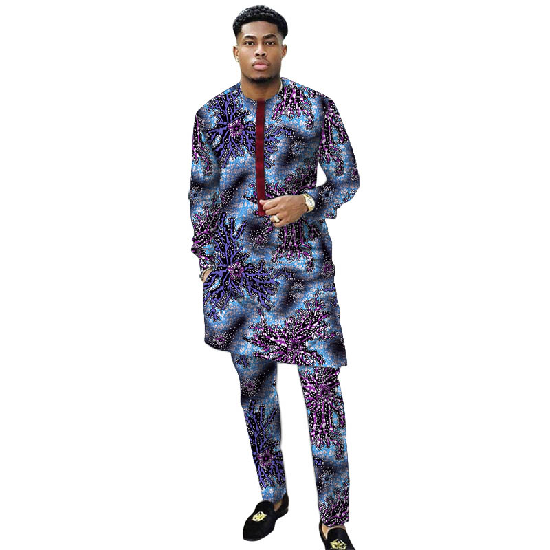 Nigerian Print Men Clothes Set Dashiki Shirts With Trousers Male Pant Suits Traditional Style African Pattern Wedding Wear