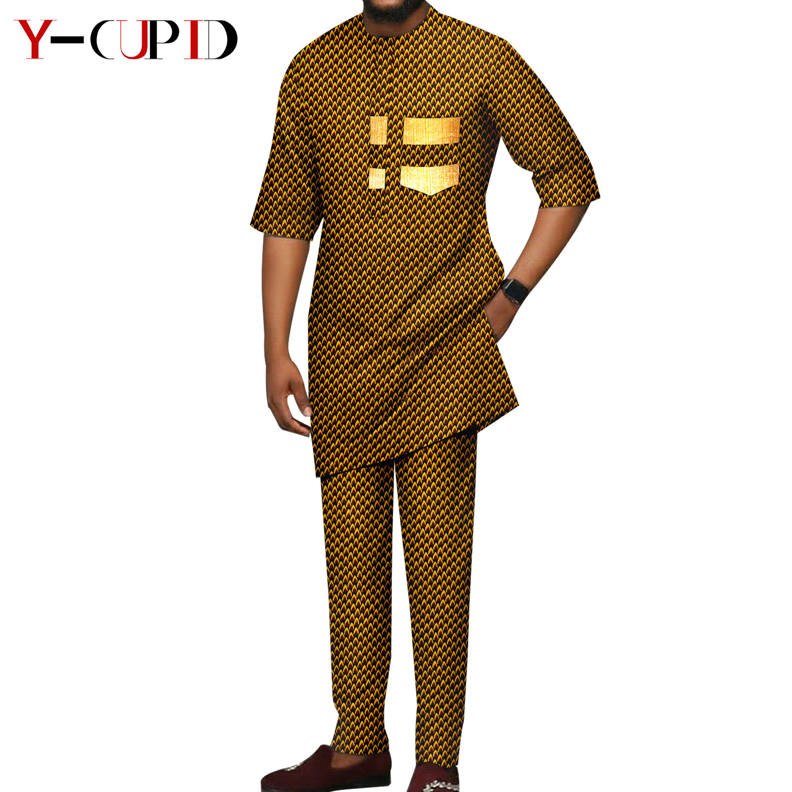 African Print V-neck Dresses for Women Couple Matching Men Outfits Top and Pant Sets Dashiki Bazin Riche Lover Outwear Y23C086