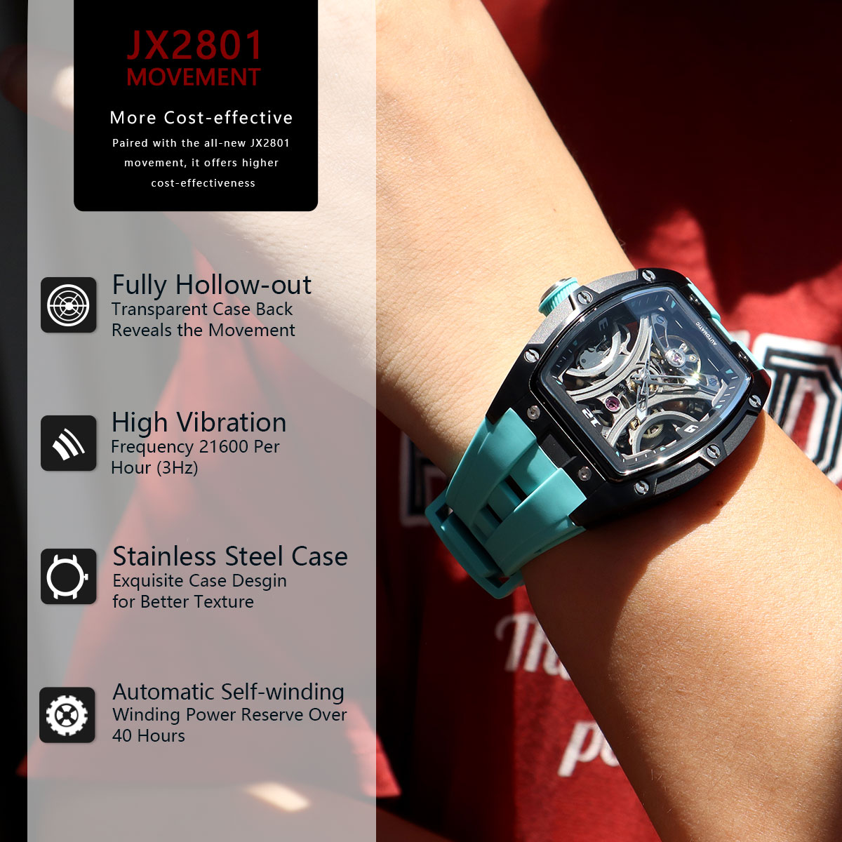 MEGIR Sports Style Automatic Mechanical Watch for Men Full Hollow Transparent Dial Design Stainless Steel Case Silicone Strap