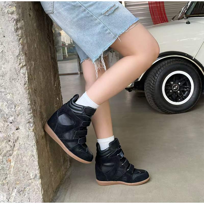 Brand Leather Wedge Sneakers Hook Loop Fastener Hiking Boots Women Thick Sole Platform Height Increasing Shoes Ankle Short Boots