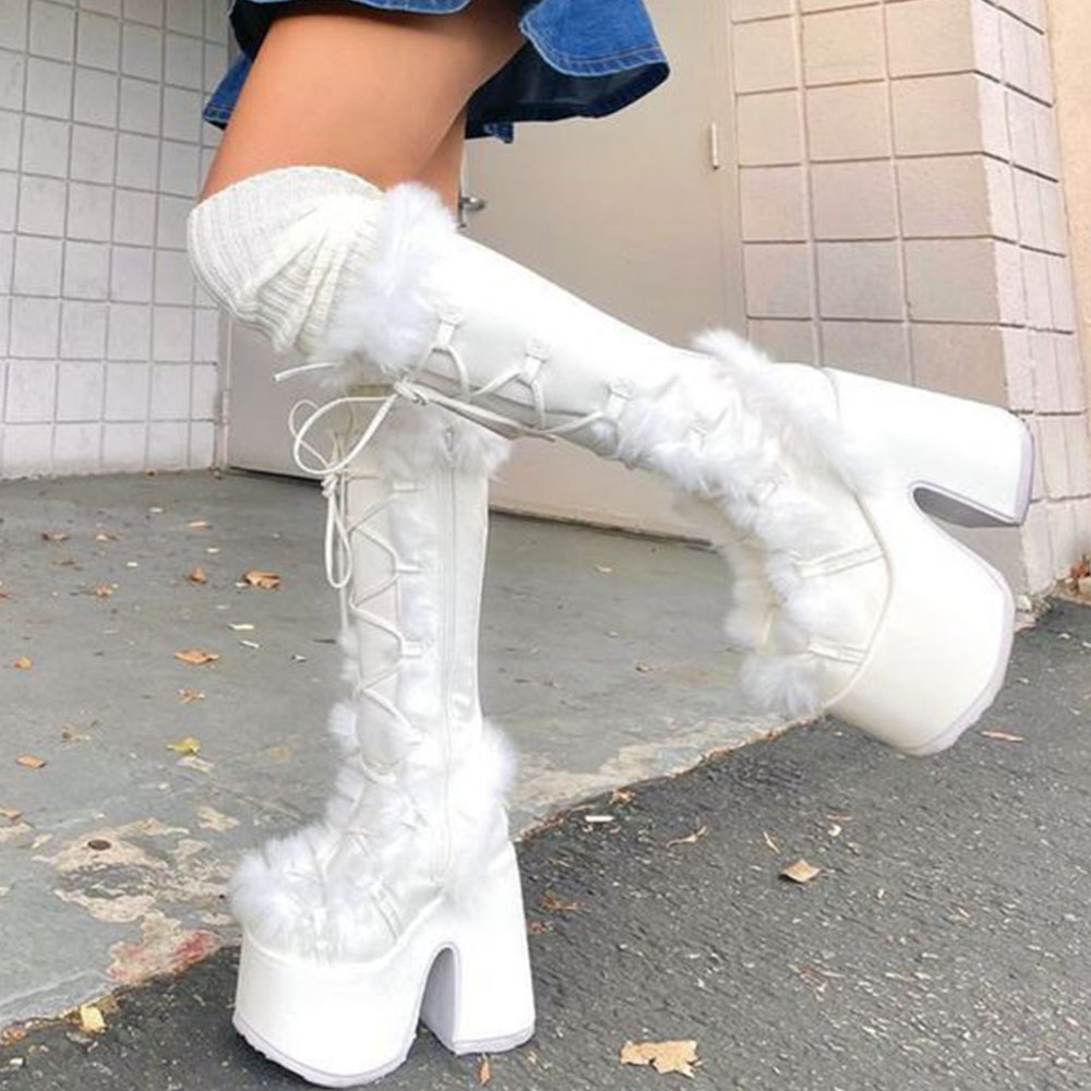Big Size 46 Winter y2k Pink Knee High Boots Women White Chunky Platform Boots Gothic Black Faux Fur Block High Heels Boots Shoe