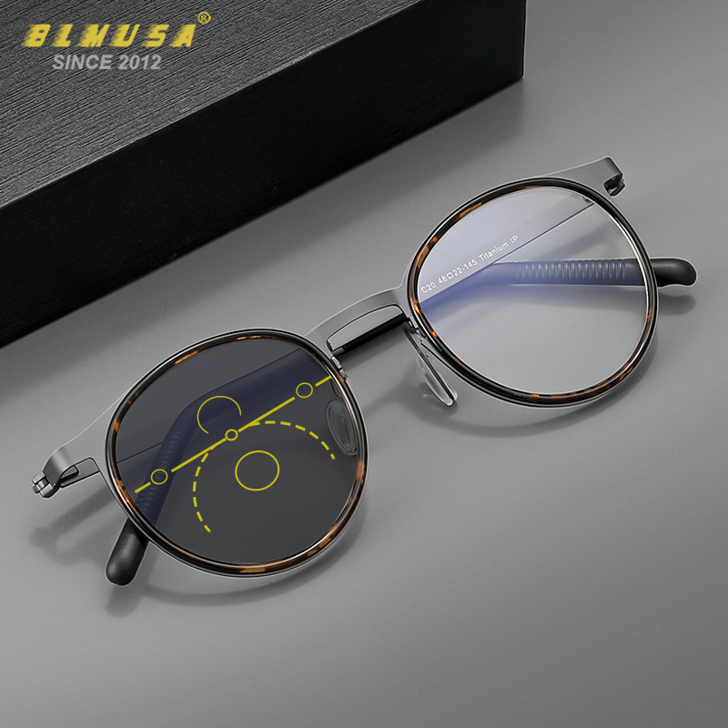 BLMUSA Vintage Round Optical Frame Anti Blue Light Reading Glasses for Men Ultralight Titanium Progressive Photochromic Glasses