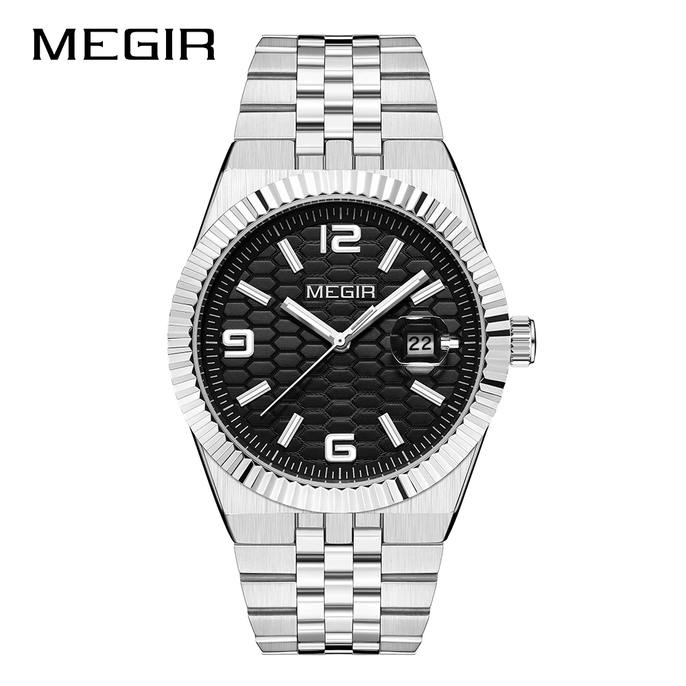 MEGIR Luxury Business Man Week Date Luminous Waterproof Watches for Men Stainless Steel Quartz  Fashion Men's Wristwatch