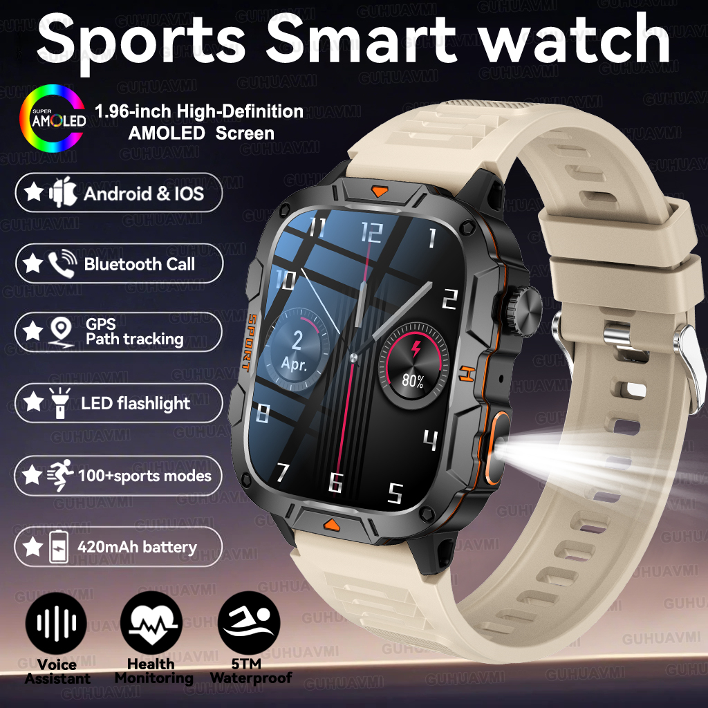 2025 For Xiaomi Outdoor Sports Smart Watch GPS trackr 5ATM Flashlight 1.96" HD Display Screen Bluetooth call Men Fitness Watches