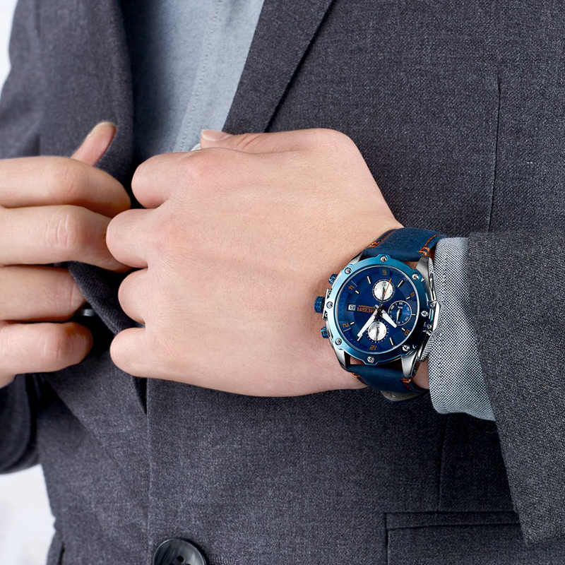 Men's Army Military Wrist Watch MEGIR Men Luxury Blue Watch Leather Sports Watches Mens Business Waterproof Quartz Clock Relogio