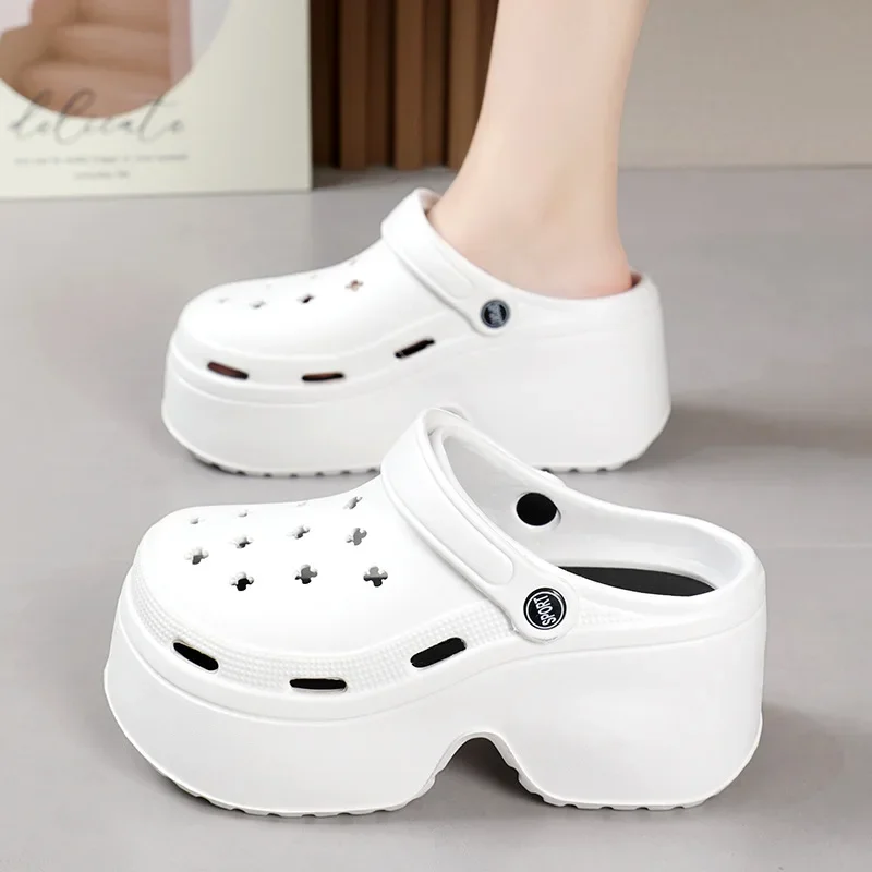 Women's 9CM Thick Sandals Shoes Summer Slippers High Heel Soft Sole Beach Garden Shoes Outdoor Waterproof Women's Hole Shoes