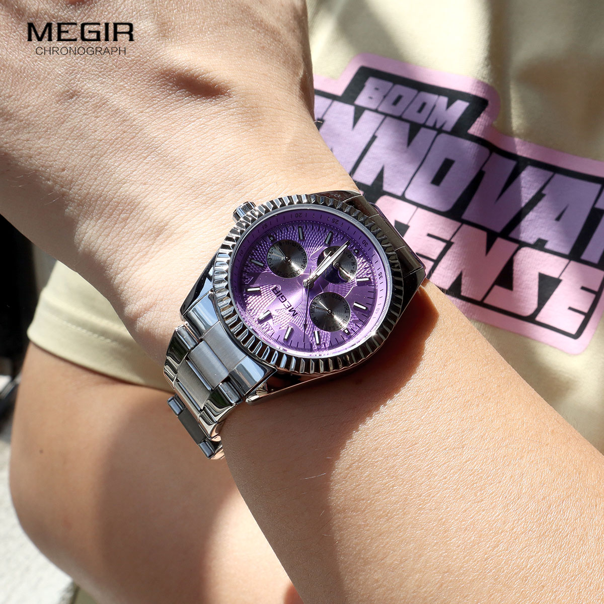 MEGIR Men's Quartz Watch with Stainless Steel Strap Fashion Business Style Wristwatch with Day Date 24-Hour Moon Phase Function