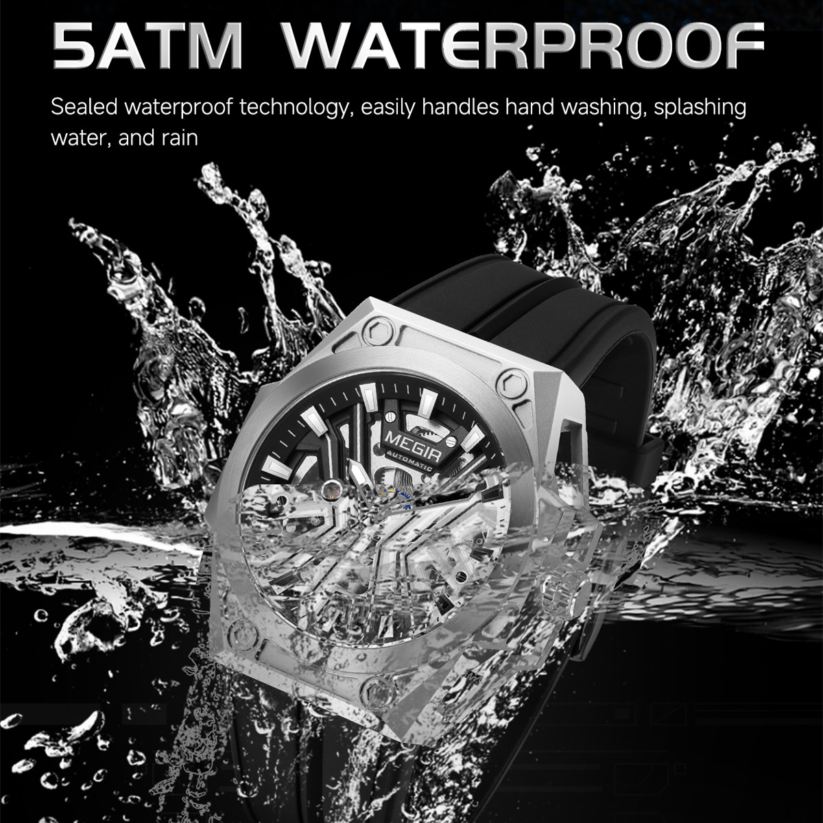 MEGIR New Stainless Steel Case Skeleton Mechanical Watch Waterproof Luminous Men Fully Automatic Wristwatch Silicone Strap Watch