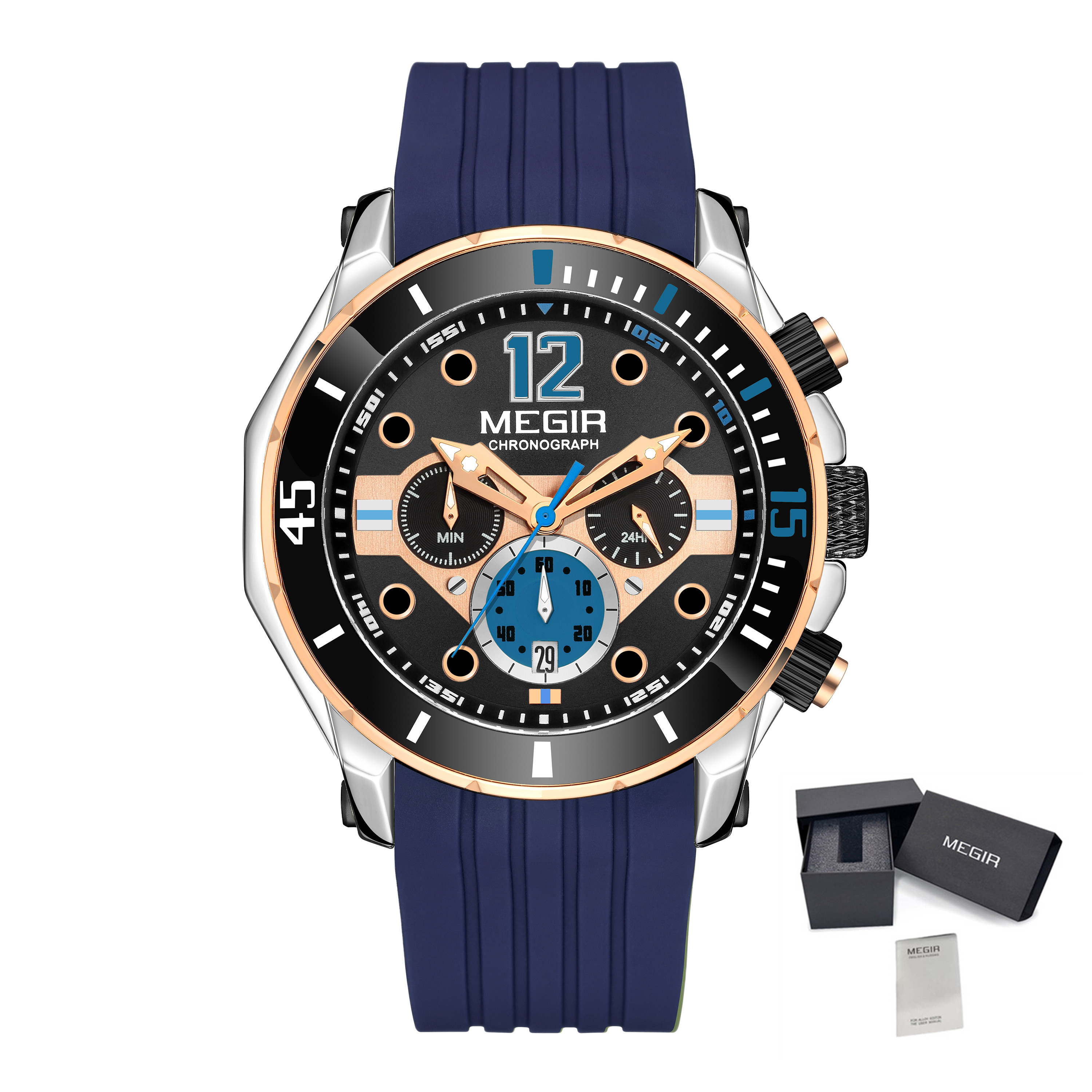 MEGIR 2206 Silicone Strap Men's Sport Watches Chronograph Waterproof Calendar Quartz Wristwatch Male Clock Relogio Masculino