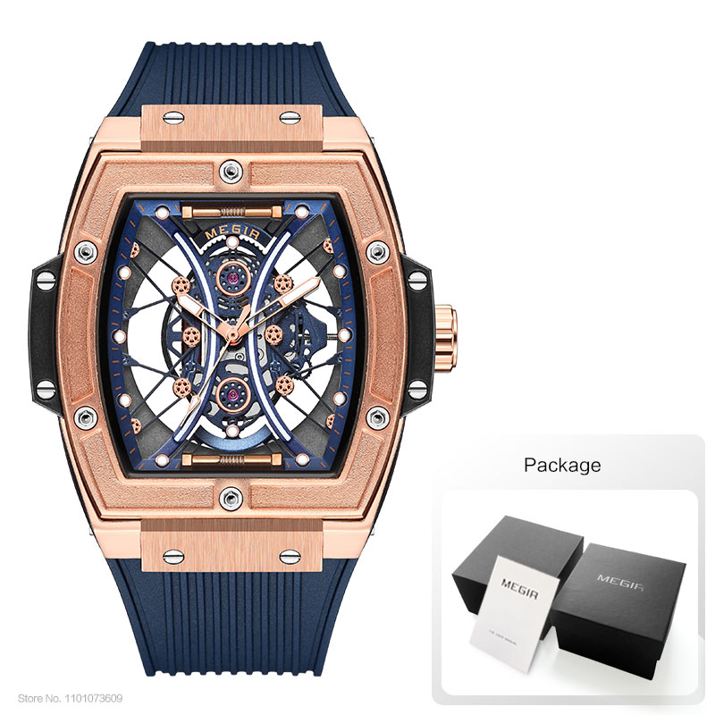 MEGIR Fashion Analog Quartz Watch Men Tonneau Dial Waterproof Military Sport Wristwatch with Luminous Hands Orange Silicone Band