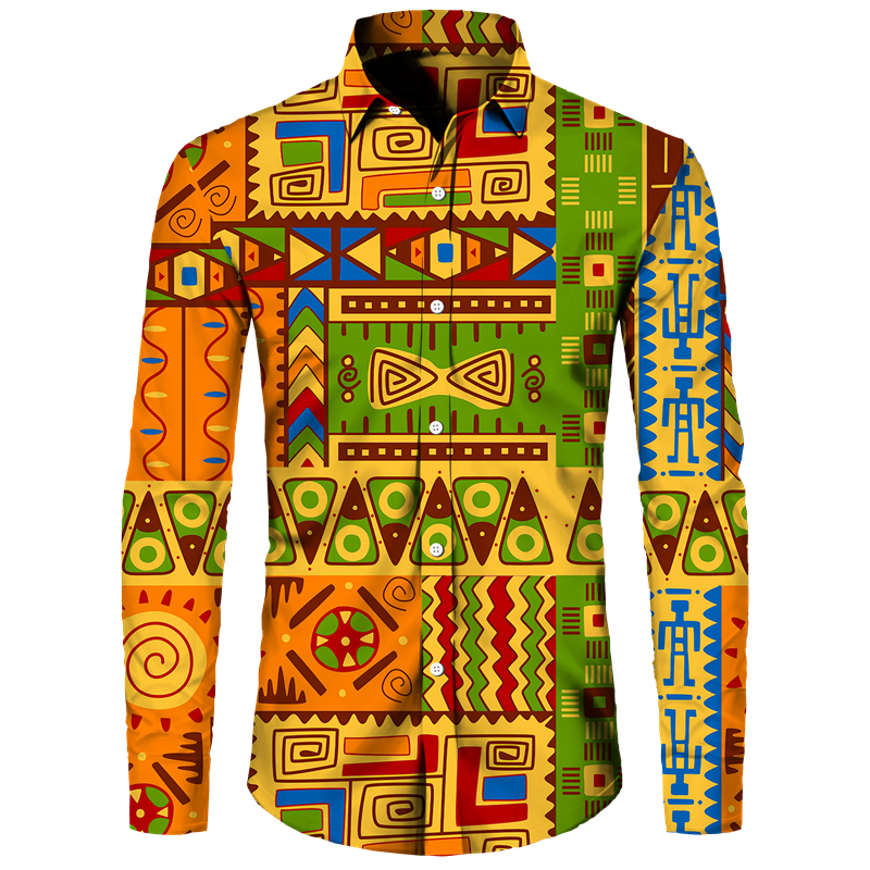 African Ethnic Pattern Hawaiian Shirts For Men Retro Drum 3D Printed Blouse Autumn Fashion Casual Loose Aloha Shirts Long Sleeve