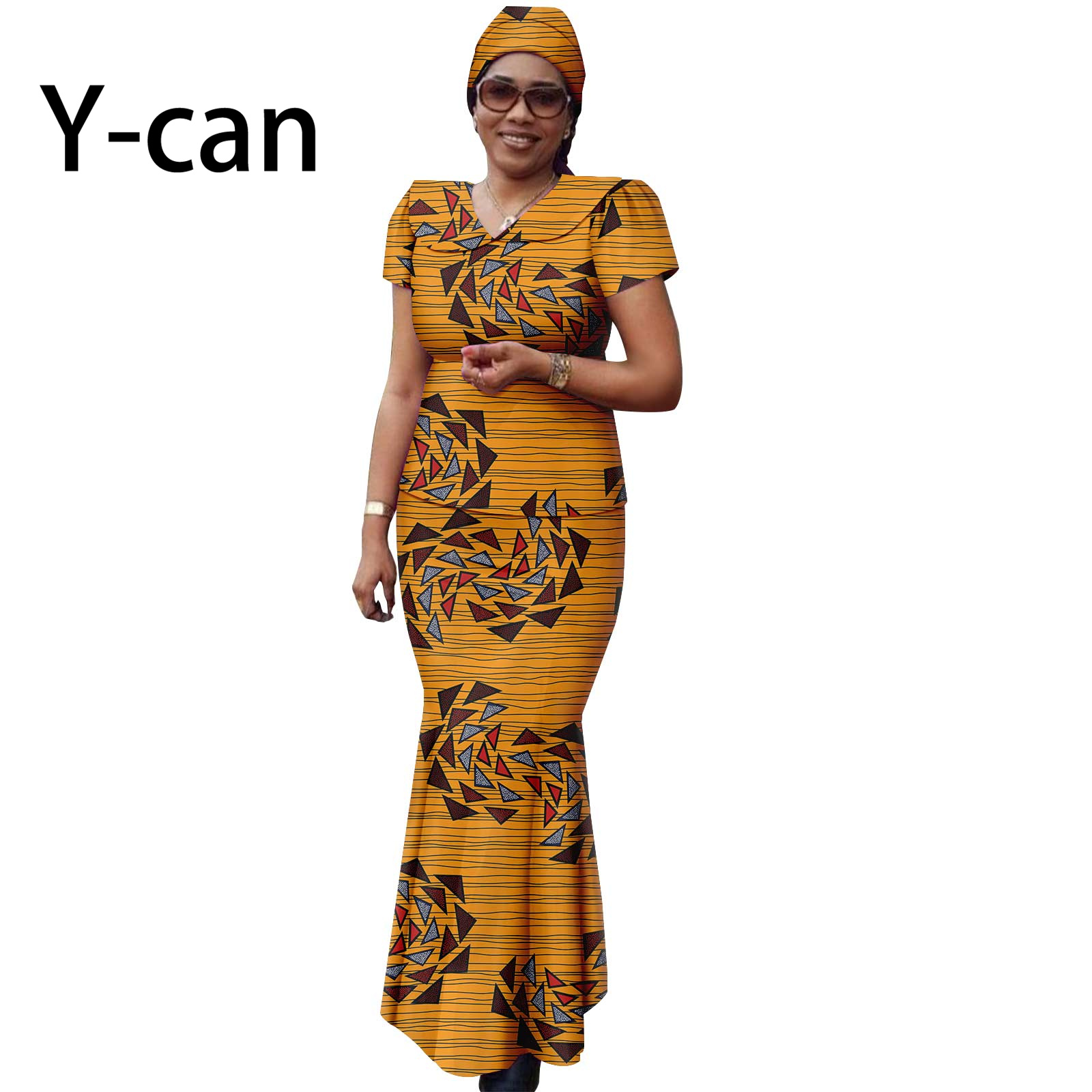 African Women Set Ankara Print Traditional Doll Collar Top and Skirts Match Headscarf Bazin Riche Dashiki Lady Outfits Y2326003
