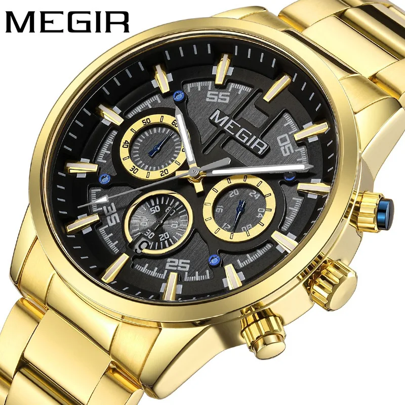 MEGIR 2220 Men's Quartz Watch Fashion and Elegant Business Chronograph Calendar Waterproof Stainless Steel Strap Watches for Man