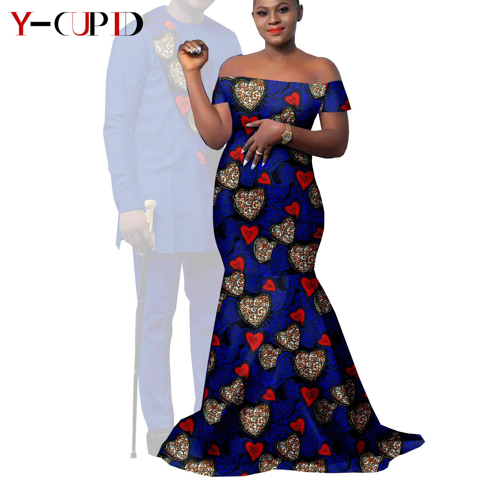 African Clothes for Couples Bazin African Print Long Dresses for Women Match Men Outfits Dashiki Top and Pants Sets Y22C023