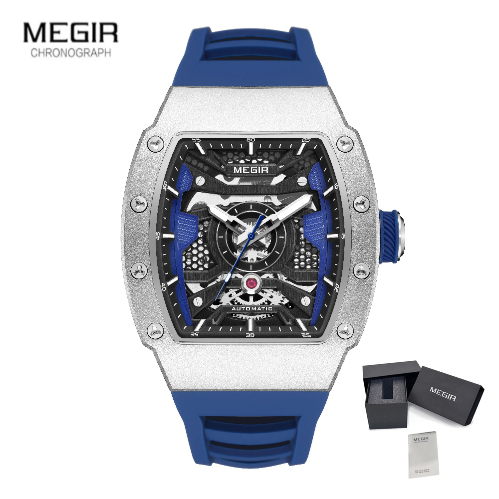MEGIR 8604 Luxury Men's Automatic Mechanical Watch Waterproof Hollow Out Silicone Strap Sports Wristwatch Clock Reloj Hombre