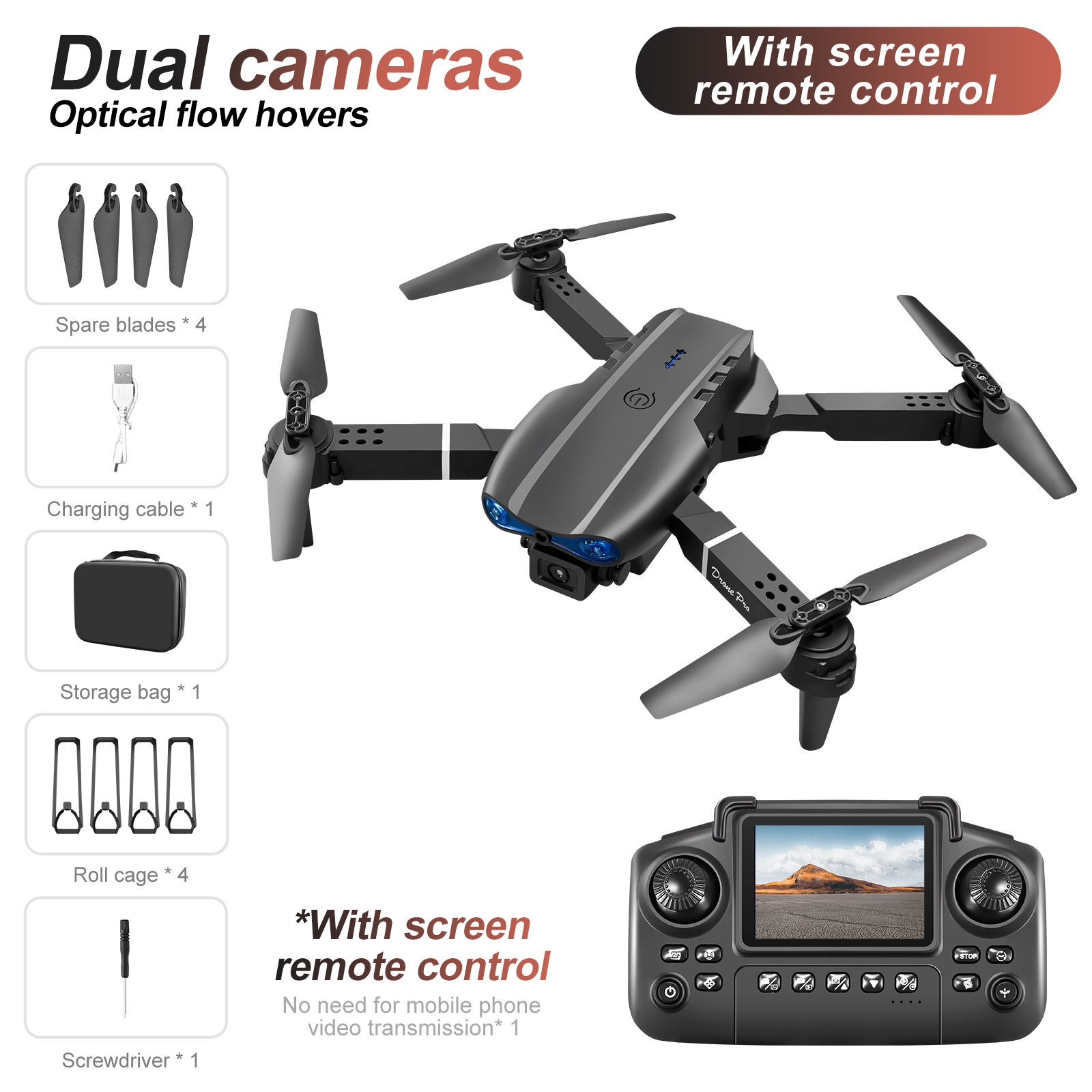 New E88 Drone Remote Control with Screen 4K Dual Camera Optical Flow Localization 2.4G RC Quadcopter One-button Take-off Drones