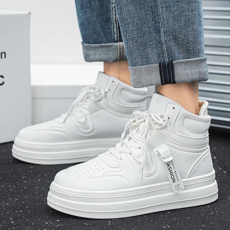 New Autumn/Winter Men's Casual Sneakers 12cm Increased Height 10cm Thick Sole White Shoes High Top Rubber Base Male Footwear