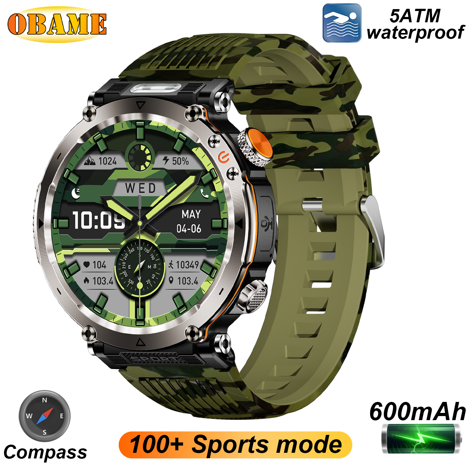 5ATM Outdoor Smart Watch Men 600mAh LED Flashlight SmartWatch Compass Bluetooth call Heart rate IP 68 Sports Smartwatch 2025 New