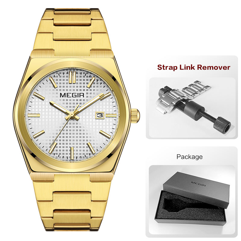 MEGIR Fashion Analog Quartz Watch for Men Steel Strap Dress Waterproof Luminous Wristwatch with Calendar Aquamarine Dial 1086