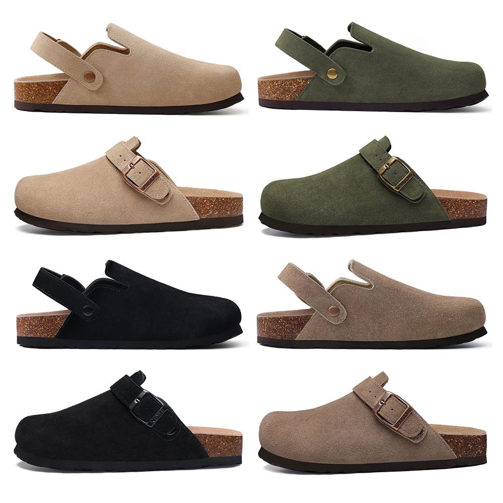 Crestar Women's Suede Clogs with Adjustable Strap Fashion Cork Footbed Genuine Leather Mules New Comfort Slip on Potato Shoes