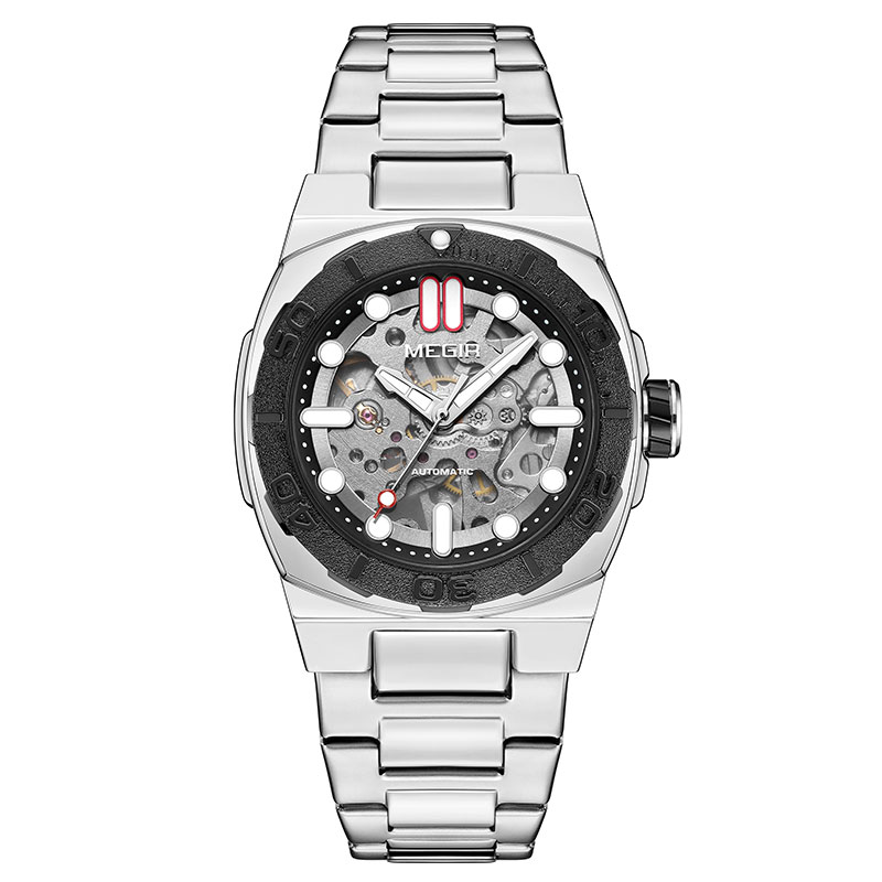 MEGIR Business Style Watch for Men Fashion Automatic Mechanical Wristwatch with Transparent Skeleton Dial & Stainless Steel Band