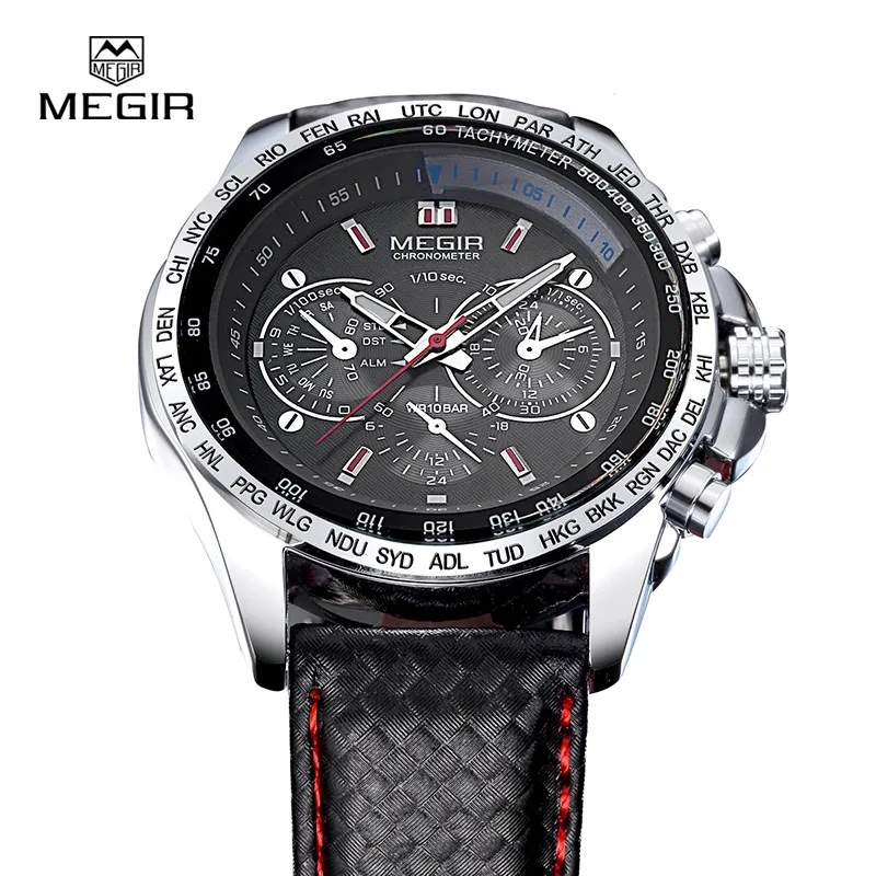 MEGIR 1010 Men's Quartz Watches Original Fashion Creative Clock Leather Strap Strap Analog Display Wrist Watches for Male Gift