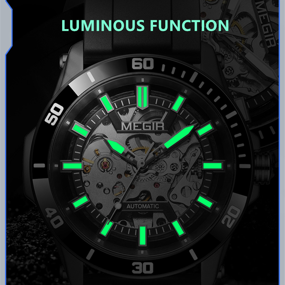 MEGIR Hollow Out Mechanical Watch for Men Fashion Stainless Steel Case Sapphire Full Automatic Wristwatches Montre Homme 8605